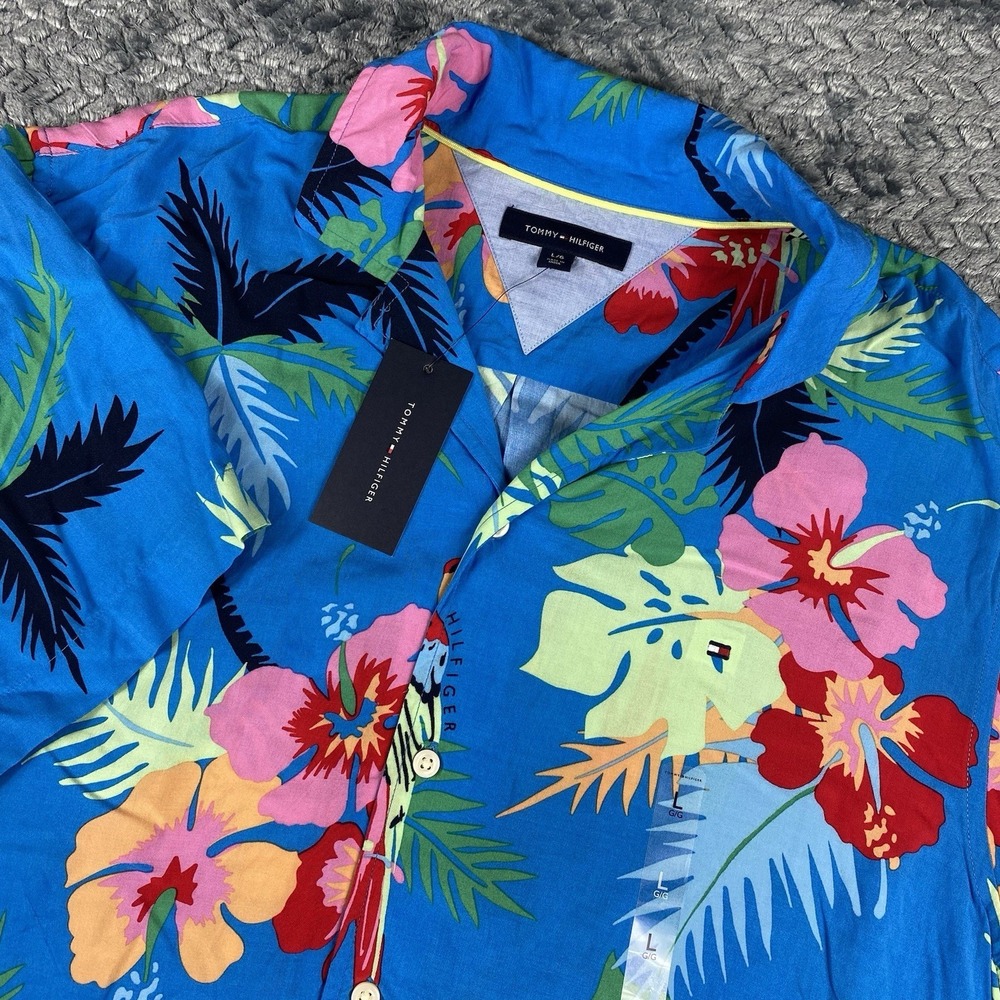 Tommy Hilfiger NEW Men's Hawaiian Tropical Floral Button Down Blue Large NWT $59